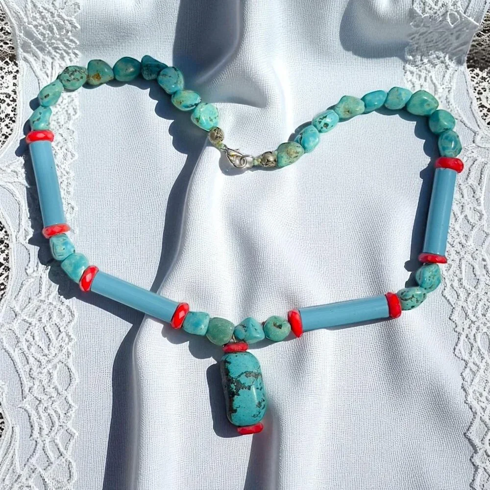 Vintage Native American Turquoise & Coral Beaded Necklace W Center Stone Pendant - Picture 2 of 8
